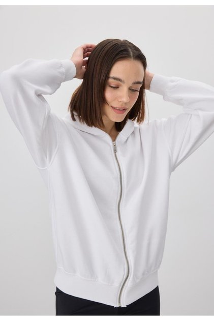 Kadın Beyaz Renk Fermuarlı Kapüşonlu Sweatshirt Hırka