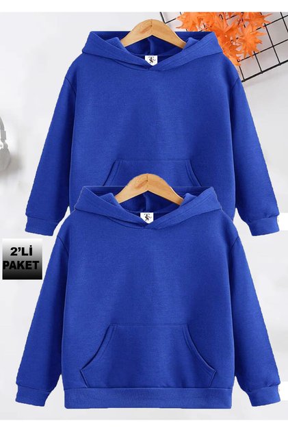 Baskısız İçi Polarlı 2'Li Paket Unisex Saks Mavisi Kapüşonlu Çocuk Okul Sweatshirt