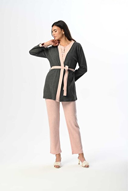 Marilyn Club Short Dressing Gown Cotton Long Sleeve Women's Pajamas Set 3  Pieces Set- Trendyol