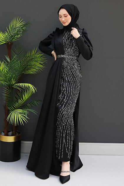 GZ AGYM Black Clover Cape Evening Dress- Trendyol GZ AGYM Black Clover Cape Evening Dress- Trendyol