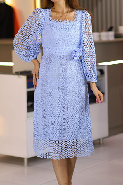 PELTEX Blue Midi Length Long Sleeve All Fishtail Ruched Evening Dress  A-Line Skirt Request Promise Wedding Party Wedding Dress- Trendyol