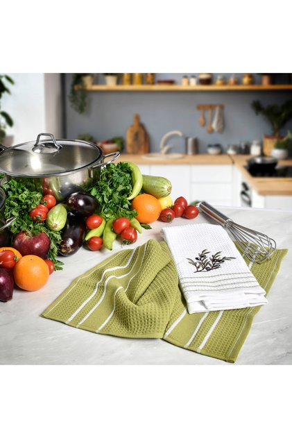 2-Piece Kitchen Towel Set White / Green - Olive Embroidered