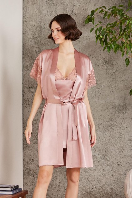 Satin Lace Women's Nightgown and Dressing Gown Set - 4438 Brandy