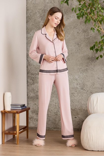 Combed Cotton Piping - Lace Women's Pajama Set - 2200 Powder