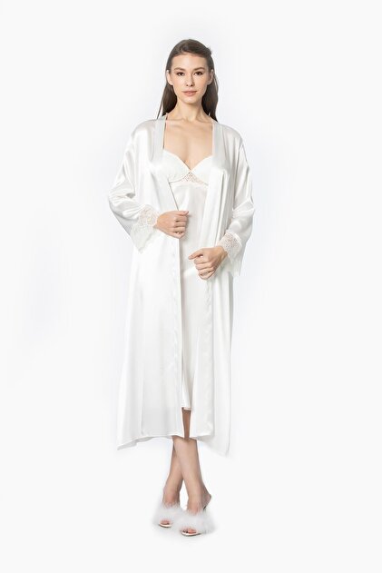 Satin Lace Nightgown and Dressing Gown Set - 4370