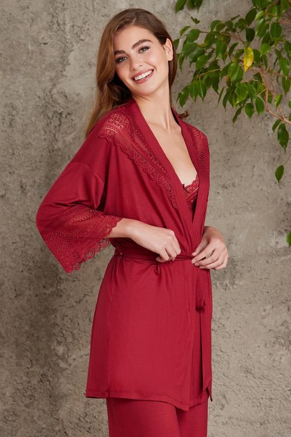 Lace Combed Cotton 3-Piece Women's Pajama Set - 2820