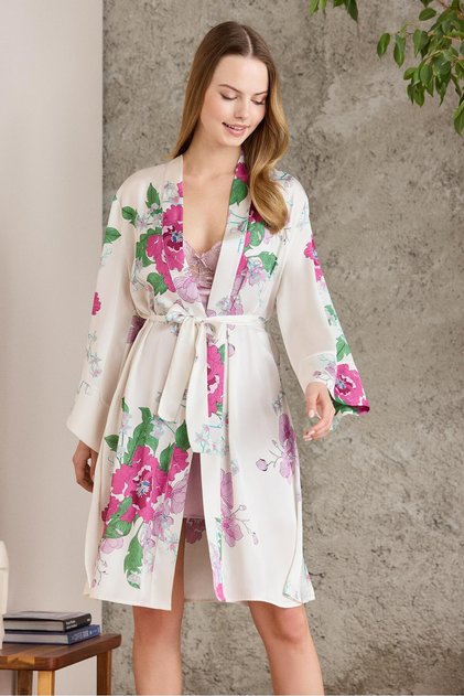 Satin Printed Women's Nightgown & Dressing Gown Set - 2415 Rose