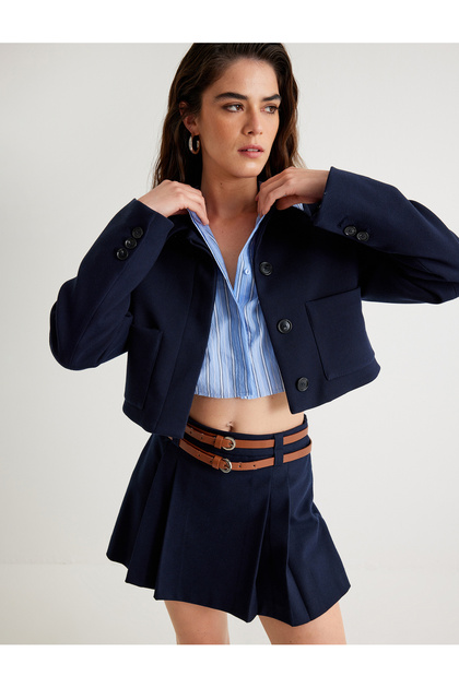 Crop Jacket with Pockets, Shirt Collar, Buttoned
