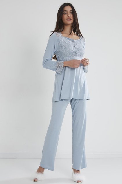 Combed Cotton Lace Maternity Pajama Set - 1241 Mist