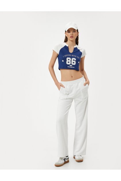 College Crop T-Shirt V-Neck Color Block Cotton Slim Fit