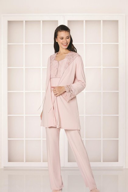 Guipure Combed Cotton 3-Piece Maternity Pajama Set - 3050 Powder