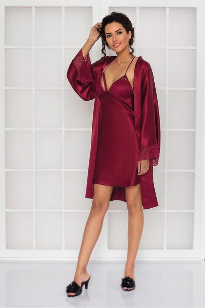 Satin Lace Women's Nightgown and Dressing Gown Set - 4250 Burgundy