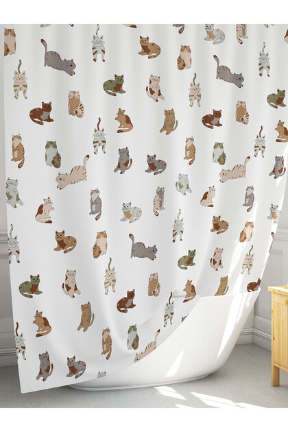 Kedili Desen Duş Perdesi, Çiçekli Banyo Perdesi 12 Adet C Halka Hediyeli Küvet Perdesi 180x200cm