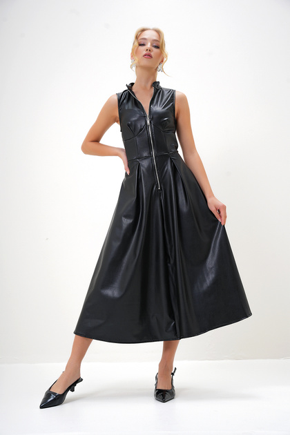 Trend Alaat Stili Women's Black Stand Collar Sleeveless Front Zipper Faux  Leather Dress Alc-X13129- Trendyol
