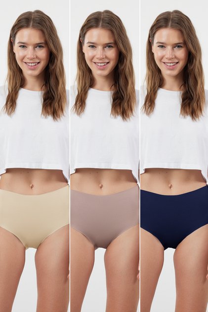 Lacivert-Çok Renkli 3'lü Micro Dikişsiz/İz Yapmaz Lazer Kesim Hipster Örme Külot THMSS24KU00042