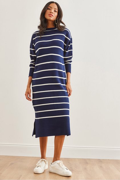 Women's Navy Blue Crew Neck Striped Slit Thick Knitwear Dress Elb- 19002250
