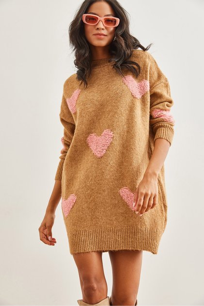 Women's Camel Heart Detailed Soft Textured Knitwear Tunic Dress Elb- 19002284