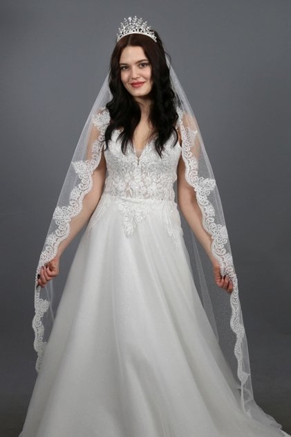 Glitter Tulle Lace Detailed Long Wedding Dress-Wedding Veil 230 cm Scalloped Off White Single Layer Veil