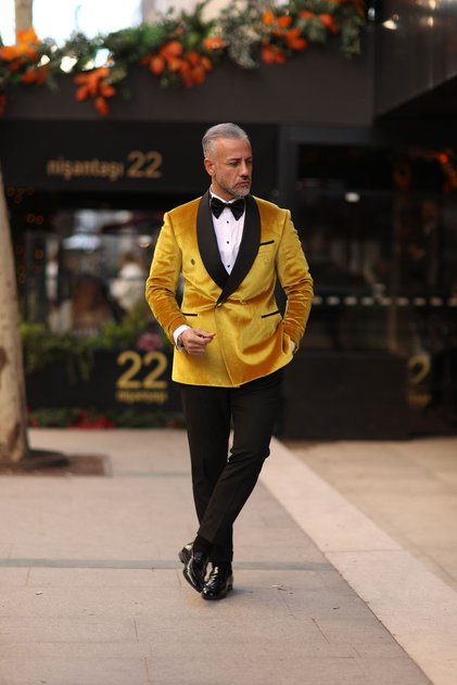 Sarı Damatlık Şal Yaka Takım Elbise Slim Fit
