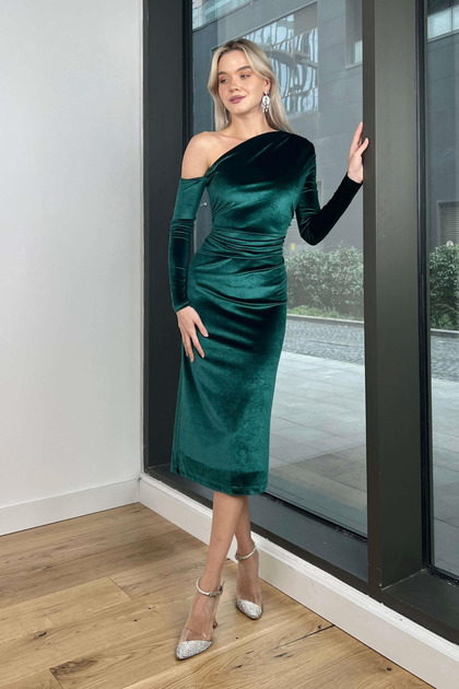 khar Emerald Green Layla One Shoulder Velvet Dress- Trendyol