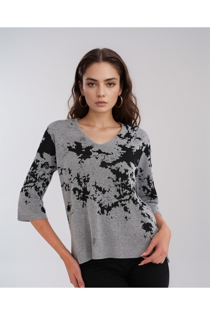 Women's Gray-Black Glitter Patterned V-Neck Sweater