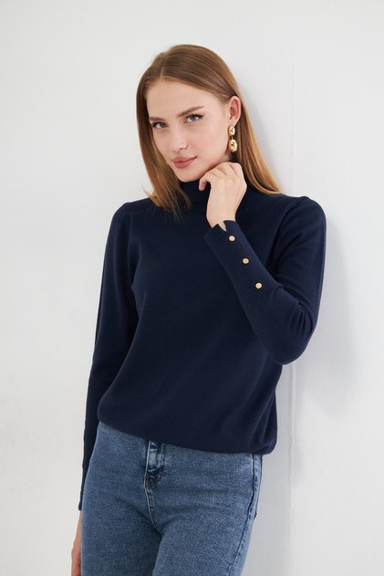 Collared Pullover with Snap Fasteners 1050 Navy Blue