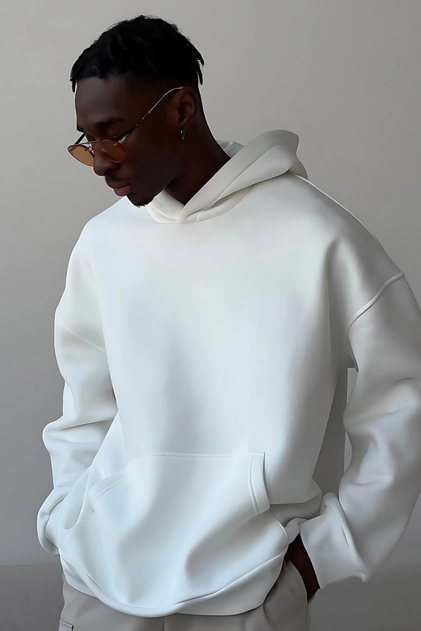 White Unisex Soft Fabric Oversize Fit Fleece Hooded Sweatshirt Hoodie