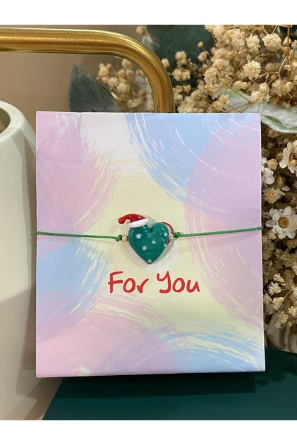 Green Polka Dot Heart Glass Murano Bracelet with Christmas Hat New Year Themed Bracelet