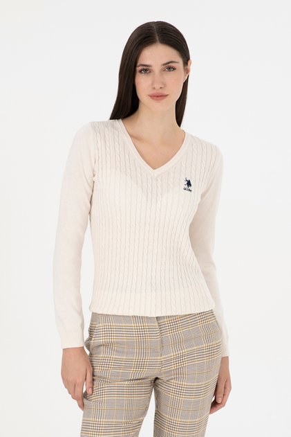 Women's Cream Basic V-Neck Sweater 50289486-Vr071