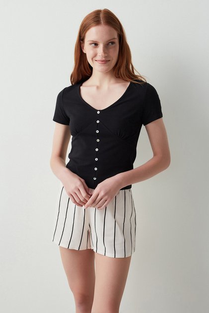 Siyah Noir Button Tişört Pijama Üstü