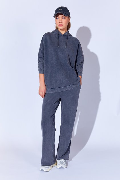 Anthracite Antique Pale Effect Washed Oversize Thick Three Thread Women's Sweatshirt Additional 100279354