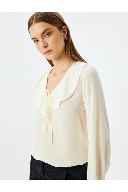 Ruffled V-Neck Blouse with Long Balloon Sleeves