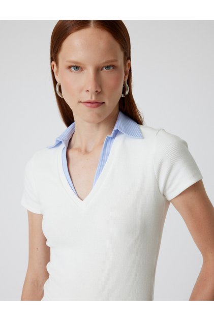 V-Neck Striped Polo T-Shirt - Short Sleeve, Corded Cotton
