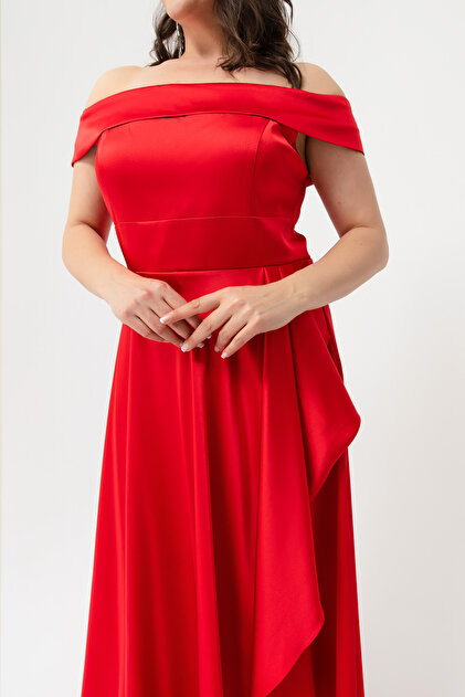 Lafaba Women's Red Boat Neck Plus Size Satin Evening Dress & Graduation  Dress- Trendyol