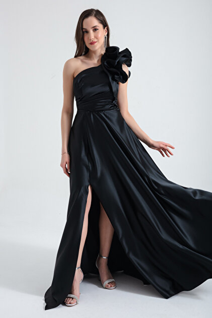 Lafaba Women's Black One Shoulder Ruffle Long Evening Dress- Trendyol