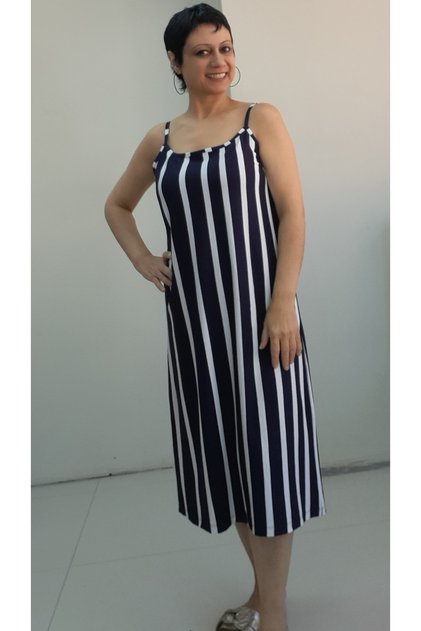 Navy Blue and White Striped Rope Suspender Viscose Dress