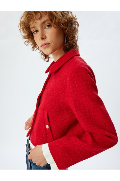 Tweed Jacket with Buttons, Classic Collar, Pocket Detail, Fabric Detail on the Ends