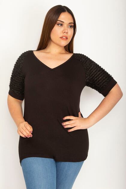 Women's Large Size Black Sleeve Detailed Viscose Blouse 65n26416