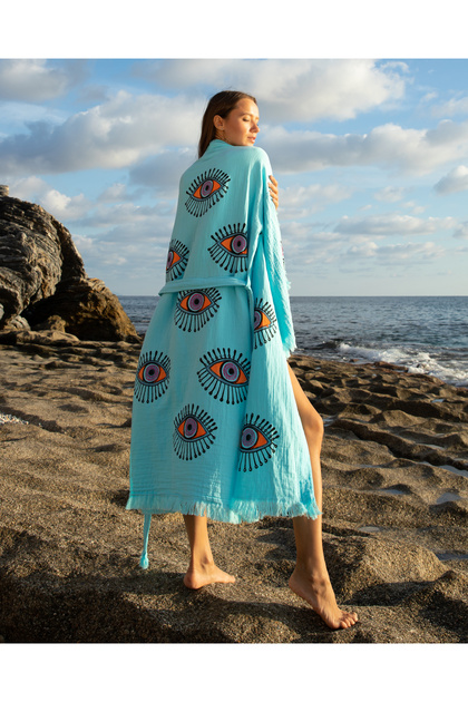 Müslin Kimono %100 Pamuklu Göz Desenli Bornoz Kaftan Sabahlık Turkuaz