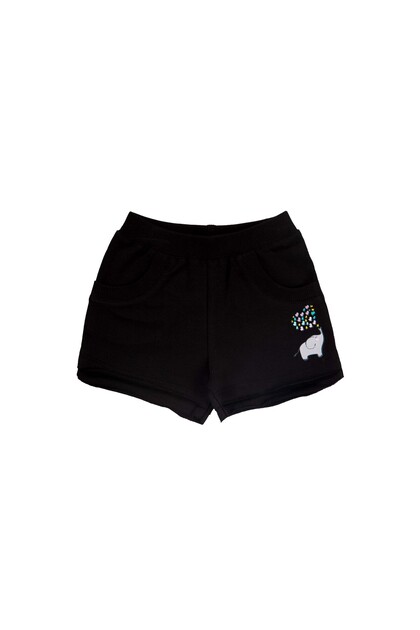 Black Two-Thread Elephant Printed Girls' Shorts with Pockets