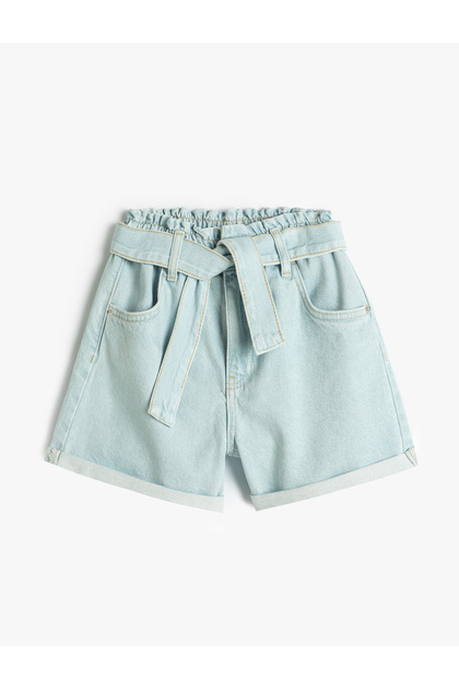 Denim Shorts with Belt Detail, Pockets, Cotton, Elastic Waist