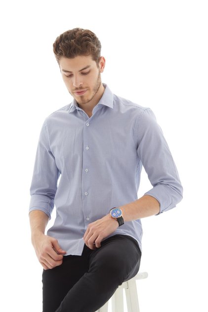 Dark Blue Slimfit Gift Boxed Striped Long Sleeve Men's Shirt