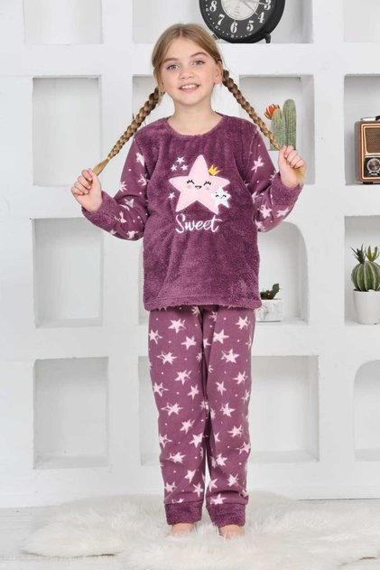 Star Applique Embroidered Eye Band Gift Girl's Fleece Pajamas Set