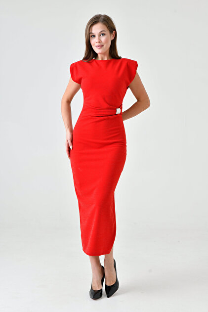 WOMAN VISION Women's Red Glitter Fabric Sleeveless Midi Dress with Buckle  and Wadding Detail 4434- Trendyol