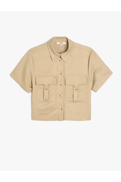 Modal Fabric Crop Shirt with Cargo Pockets and Metal Accessory Detail