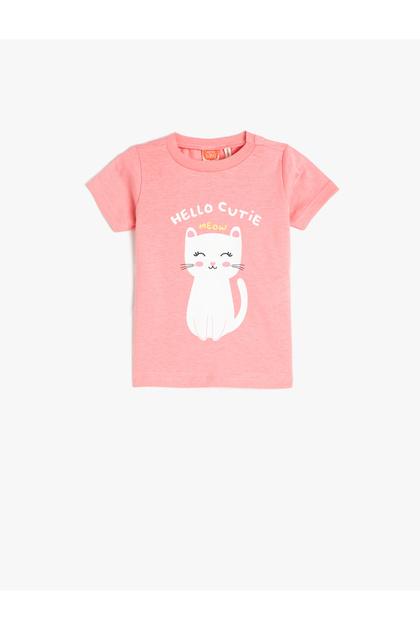 Cat Printed Short Sleeve T-Shirt Crew Neck Cotton