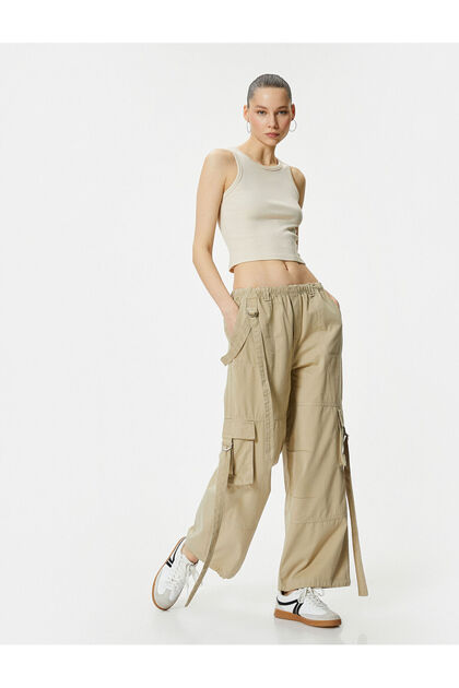 Cargo Pants Straight Leg Belt Detailed Elastic Waist Cotton