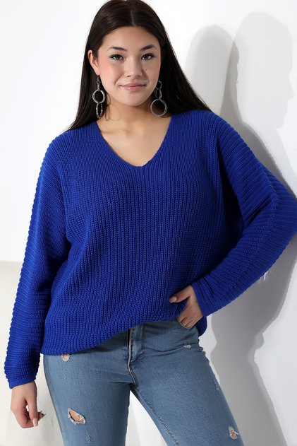 Kadın Saks Mavi V Yaka Selanik Örgü Oversize Triko Kazak