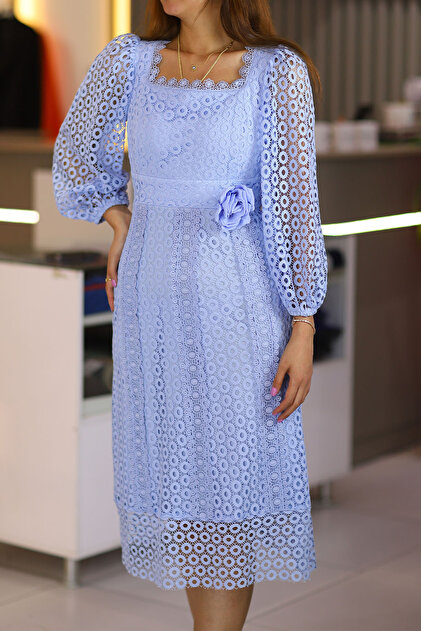 PELTEX Blue Midi Length Long Sleeve All Fishtail Ruched Evening Dress  A-Line Skirt Request Promise Wedding Party Wedding Dress- Trendyol