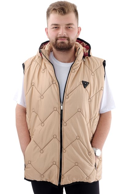 Mode XL Men's Large Size Quilted Thick Vest with Pockets and Hood U24701 Beige